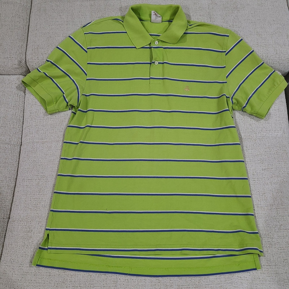 Brooks Brothers 1818 Mens Polo Shirt Green Blue Stripe Pique Cotton Sz Large